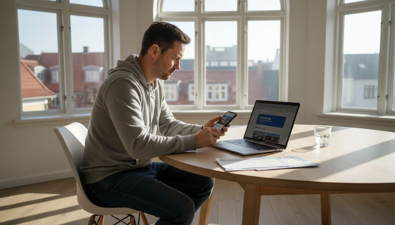 Mand sidder ved spisebordet og tjekker flybilletter