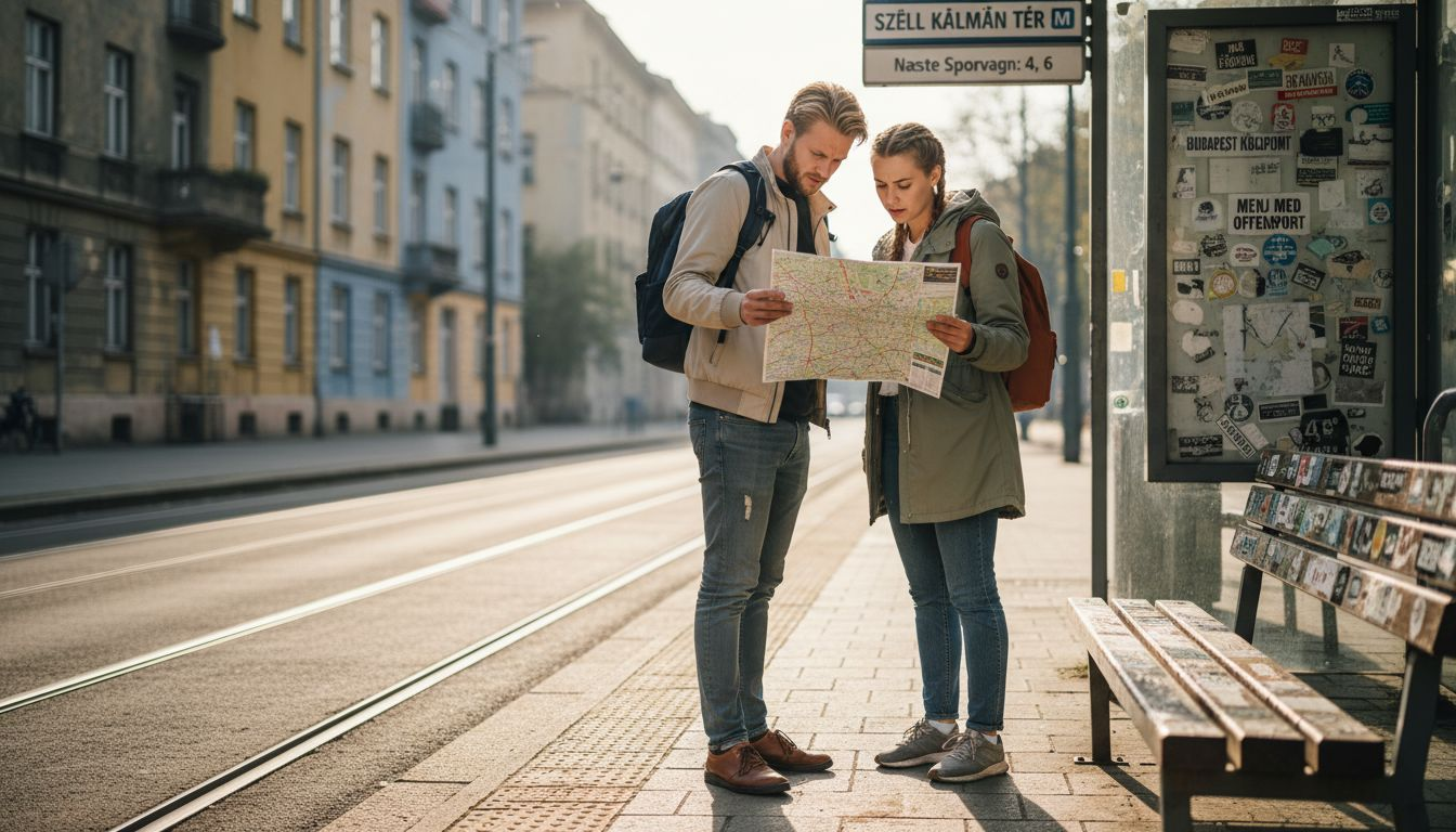Unge rejsende står ved et europæisk sporvognsstoppested og studerer kortet for at finde vej.