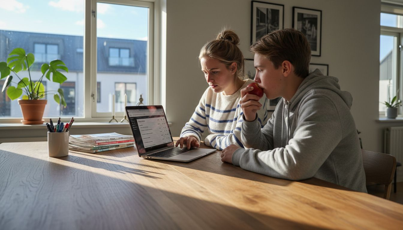 En familie sidder samlet rundt om køkkenbordet og jagter gode tilbud på flybilletter.