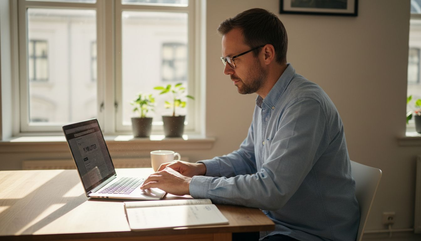 En mand sidder derhjemme med sin bærbare og tjekker priser på flybilletter.