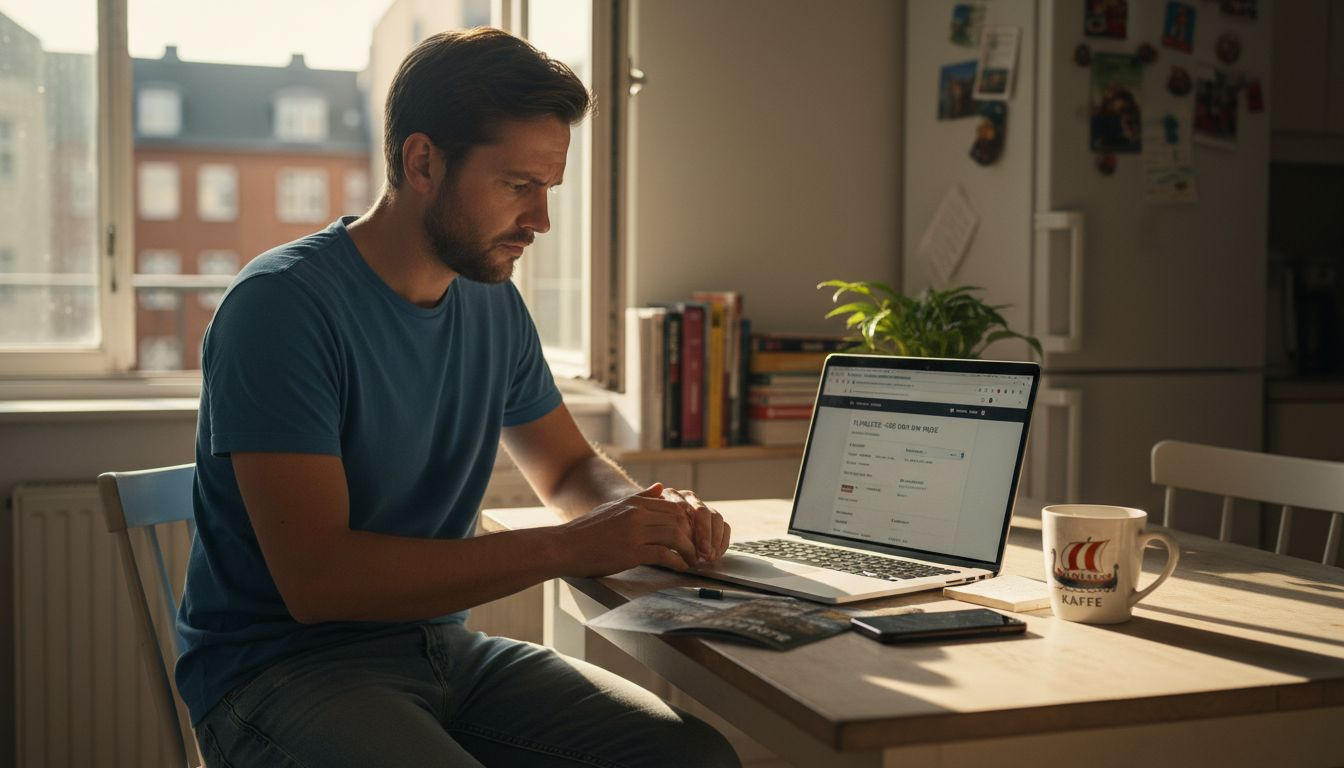 En mand sidder derhjemme og kigger på flybilletter, mens han sorterer og filtrerer efter de bedste muligheder.