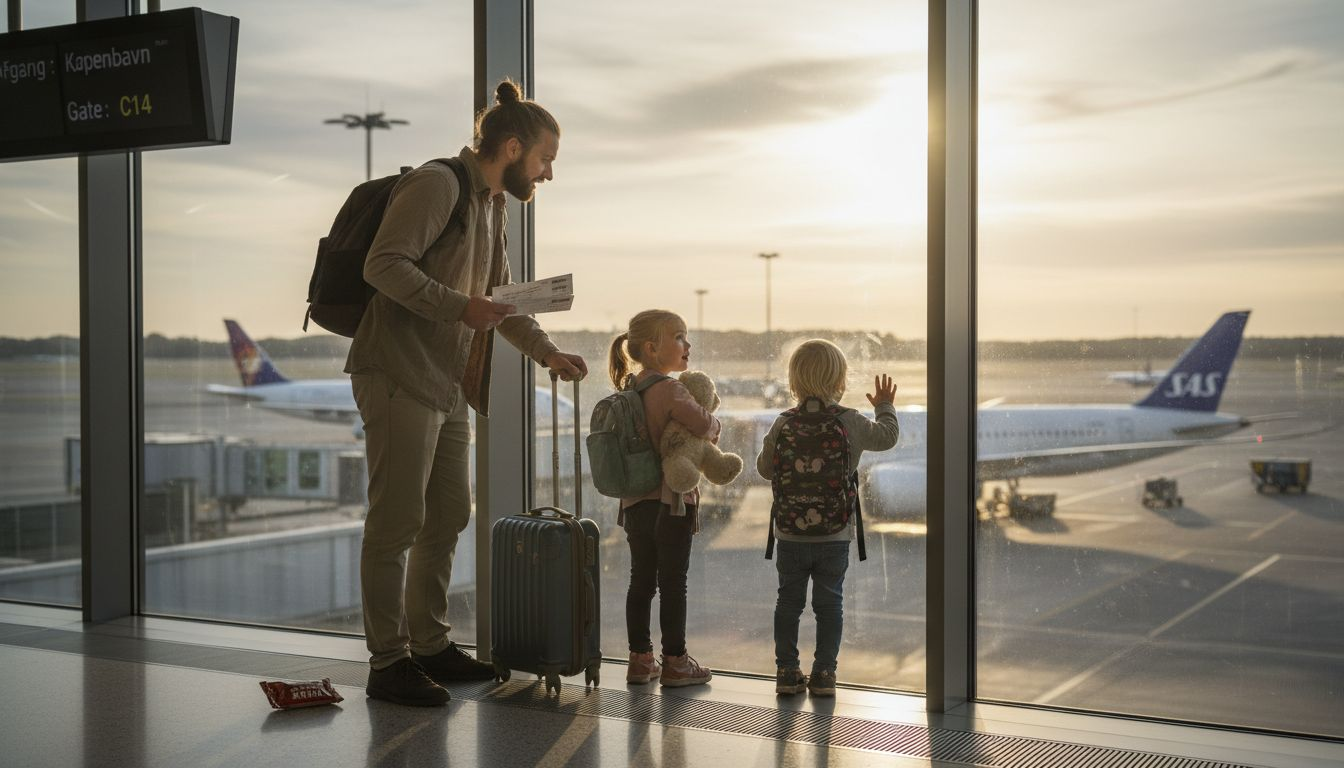 En familie står ved vinduet i lufthavnen med kufferterne klar til sommerferien.