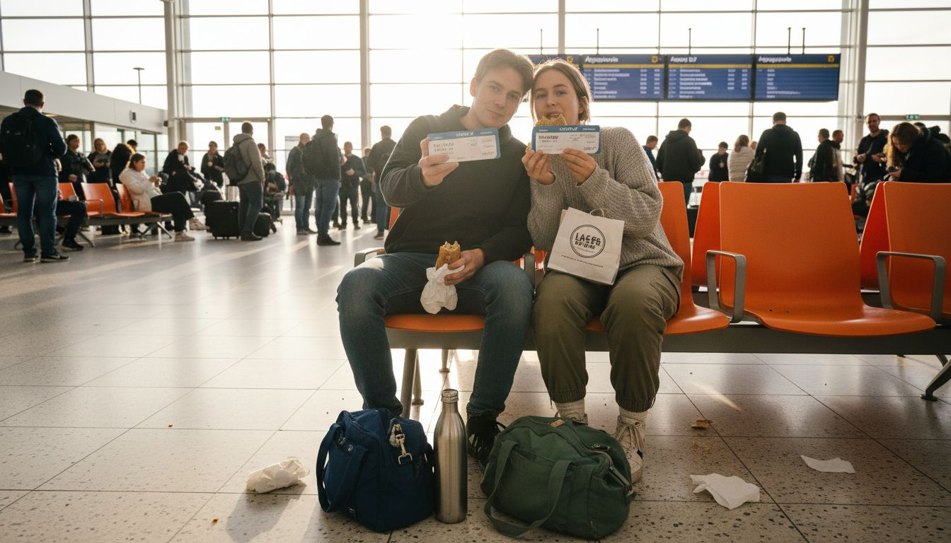 Rejsende på et stramt budget, der venter ved gaten i lufthavnen