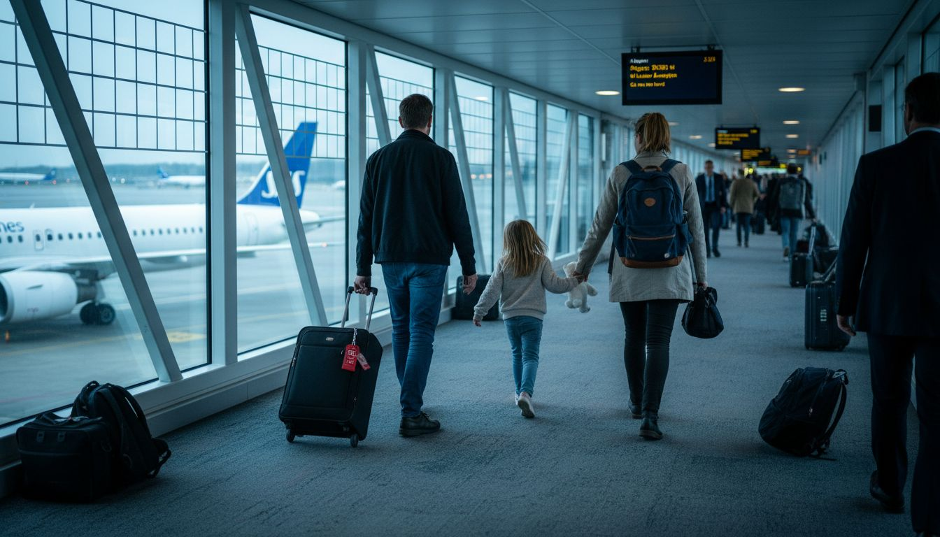 En familie går ombord på et direkte fly i Københavns Lufthavn.