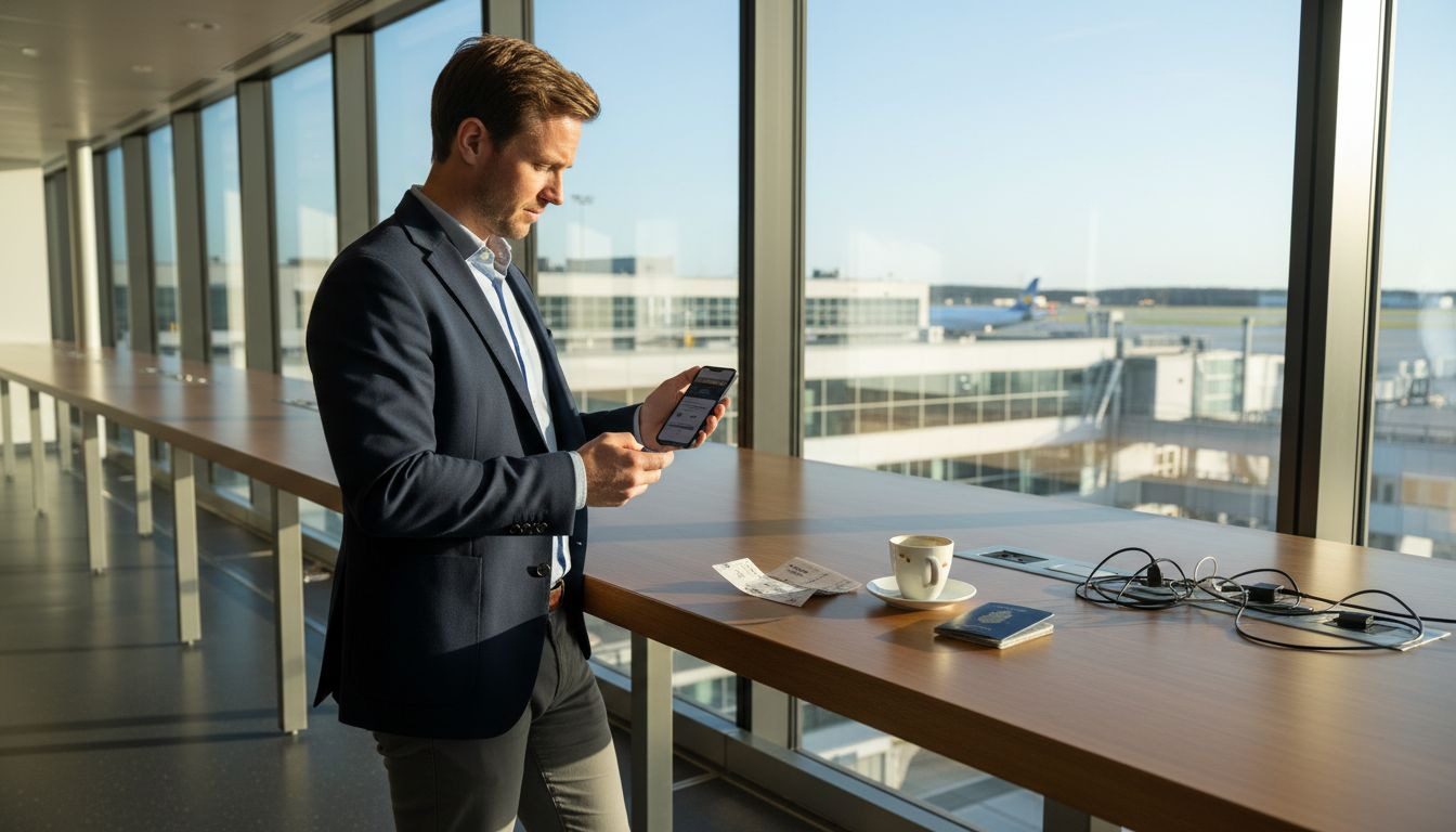 Mange rejsende tjekker deres optjente bonuspoint, mens de venter i lufthavnen.