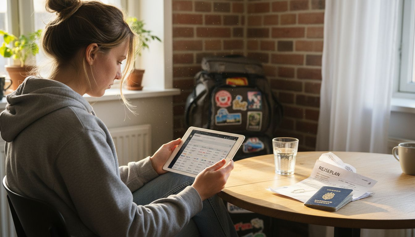 Rejsende sidder med sin tablet og tjekker flypriser for at finde den bedste billet.