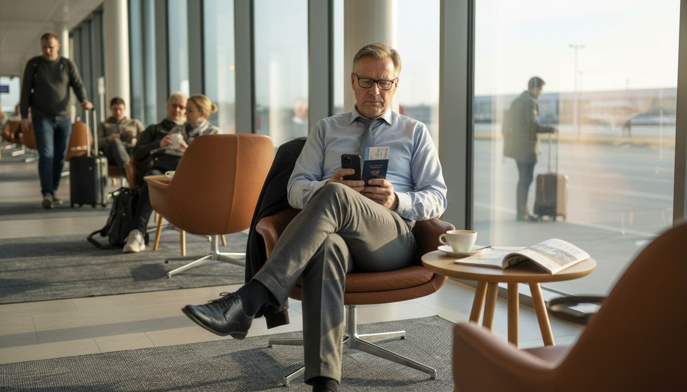 En forretningsrejsende nyder en kop kaffe i loungen i lufthavnen.