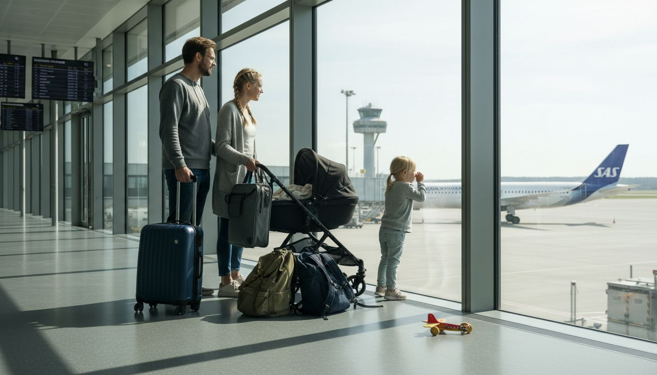 En dansk familie står og kigger på flyene, der letter og lander i lufthavnen.