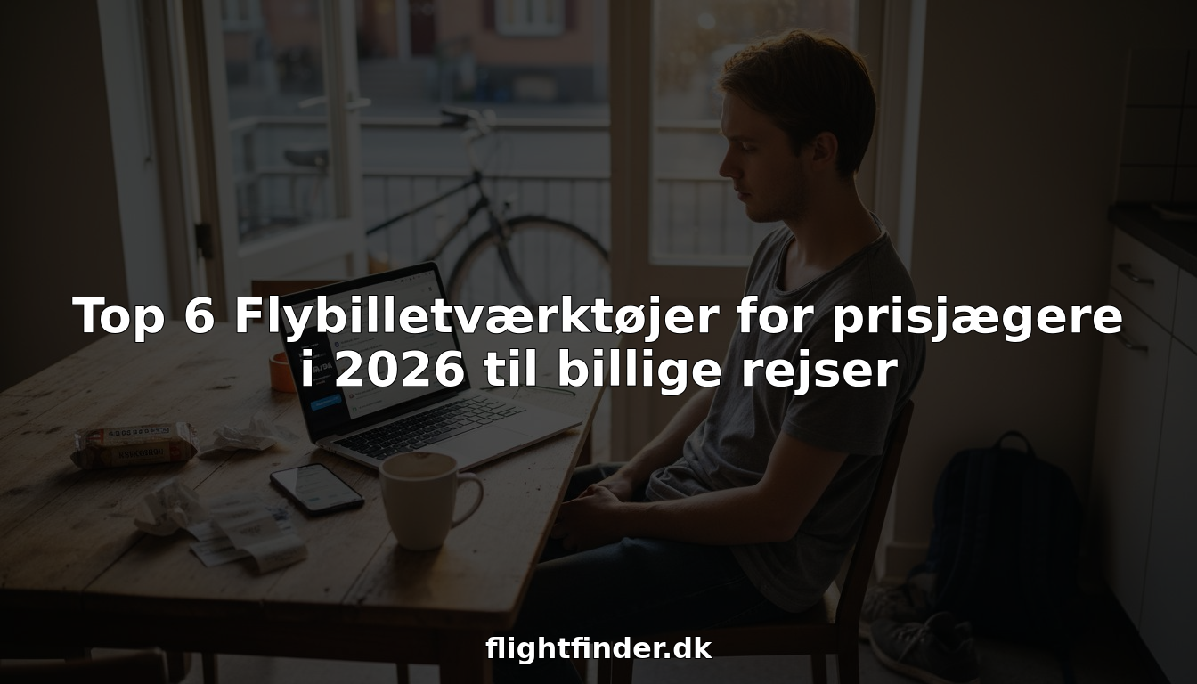 En rejselysten sidder ved køkkenbordet og sammenligner flybilletter på sin laptop.