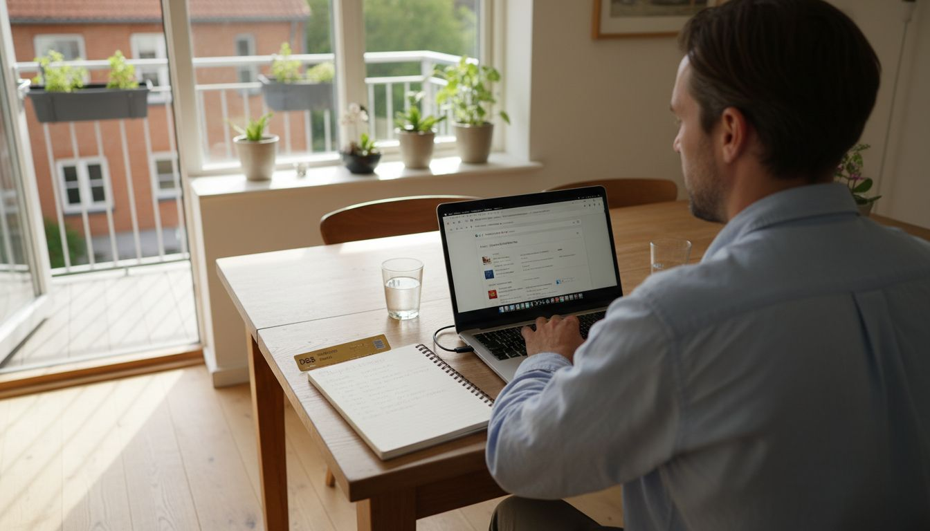 En mand sidder derhjemme og leder efter flybilletter på sin bærbare computer.