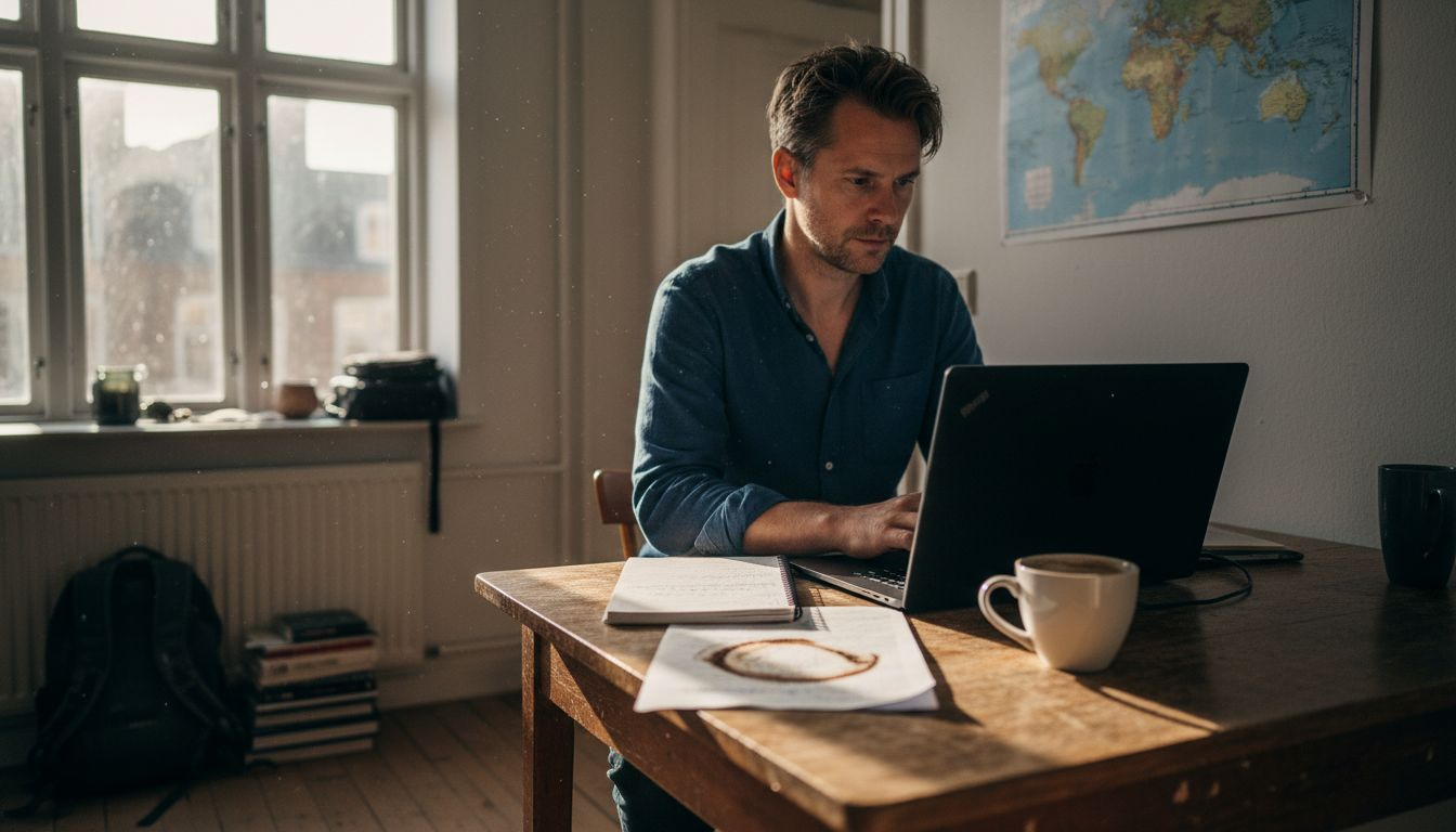 Mand sidder ved køkkenbordet og sammenligner flybilletter