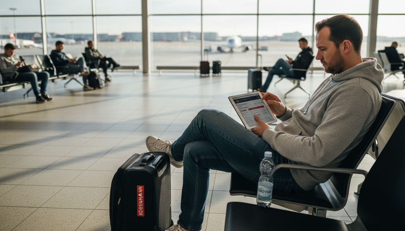 En mand sidder i afgangshallen og sammenligner flybilletter på sin telefon, mens han venter på boarding.
