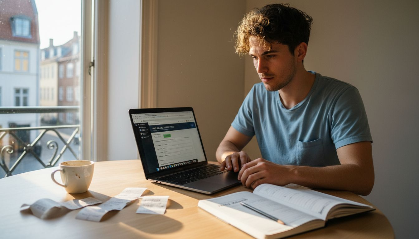 En ung fyr sidder ved sit rodede skrivebord og leder efter billige flybilletter på sin computer.