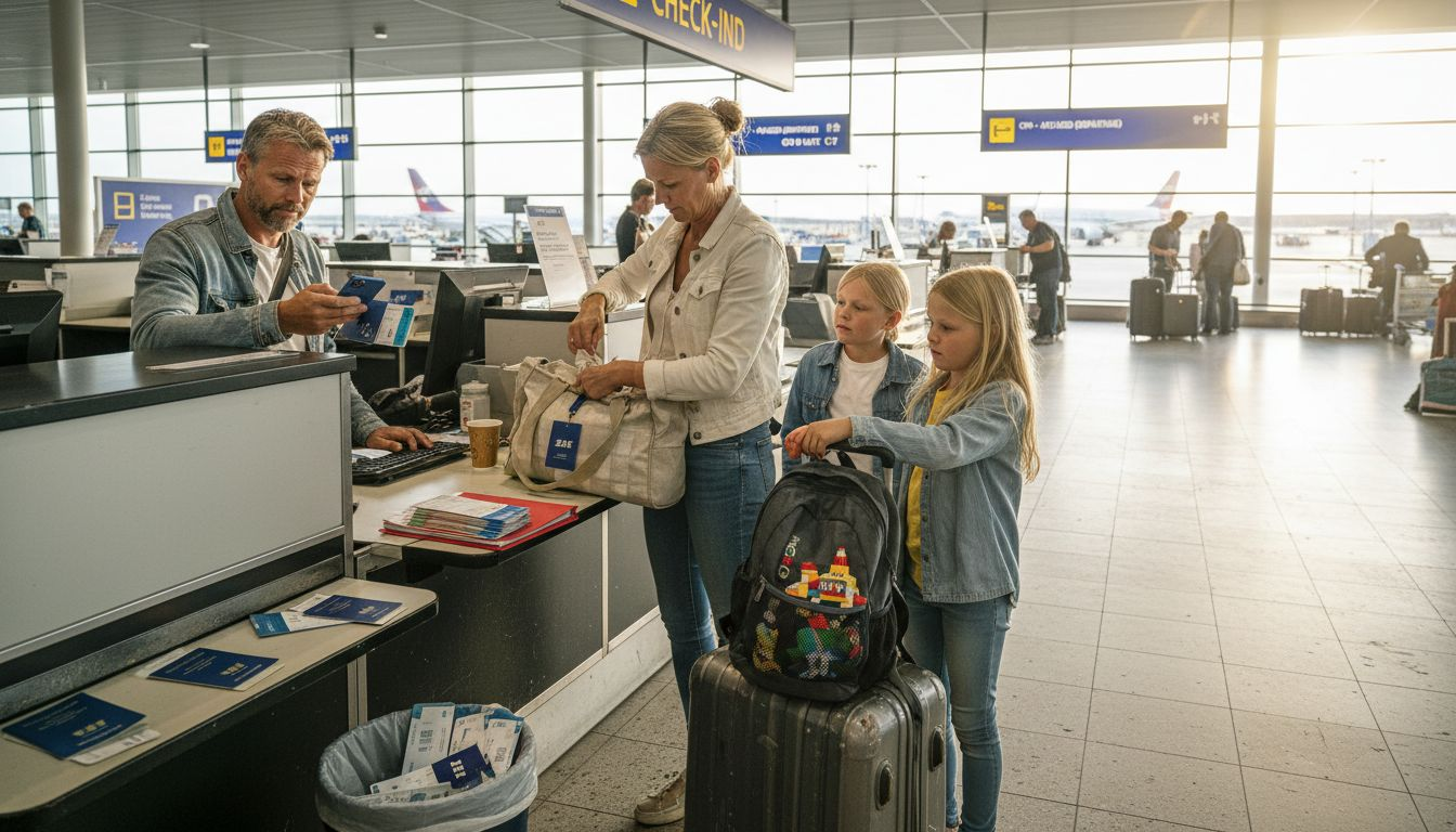 En familie er i gang med at tjekke ind i Københavns Lufthavn.