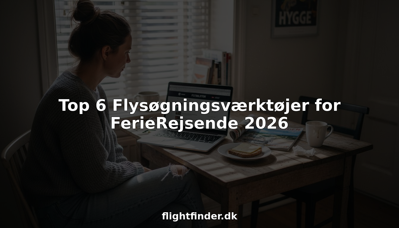 En kvinde sidder i sit køkken i København og sammenligner flybilletter på sin laptop.