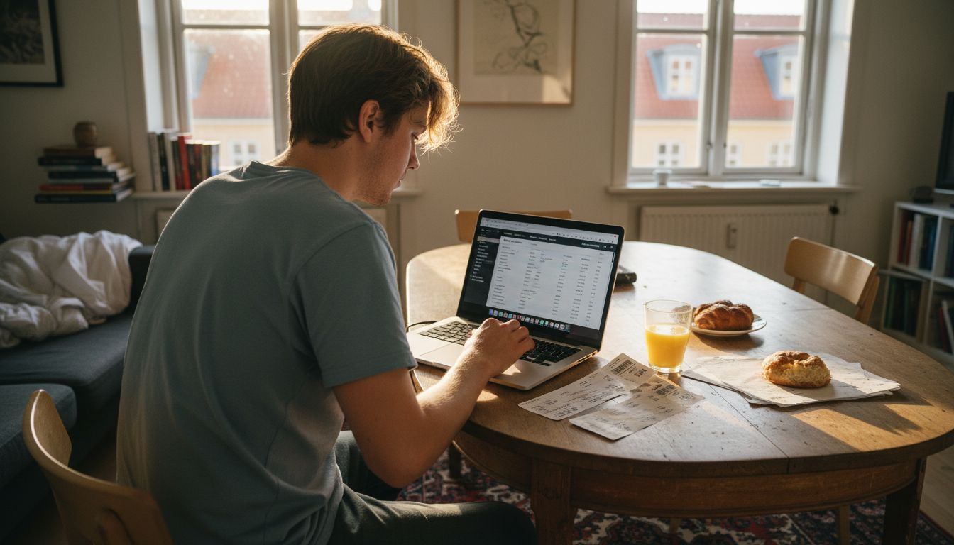 En person sidder derhjemme og tjekker priser på flybilletter online.