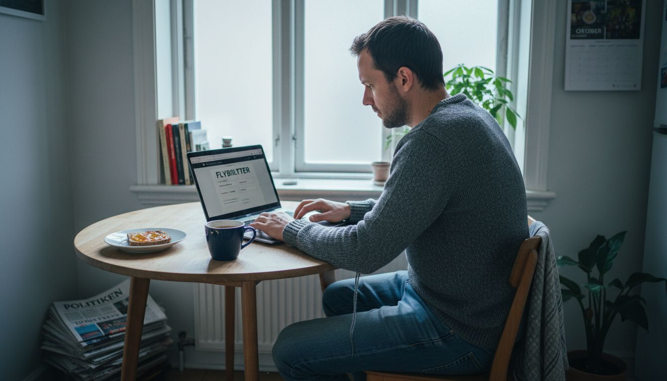 En mand sidder i sit vinterkøkken og bestiller flybilletter.