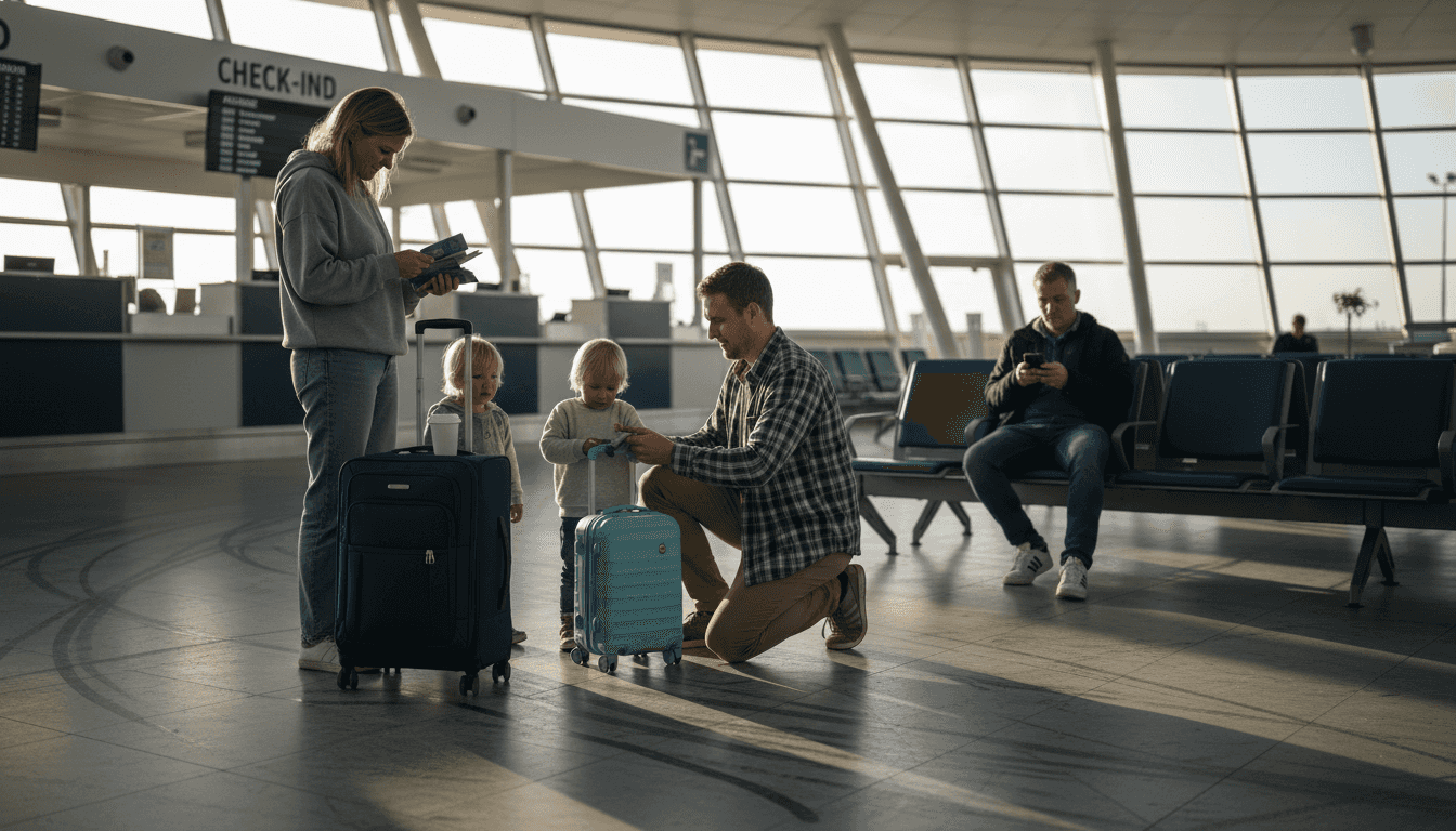 Dansk familie tjekker ind i mindre lufthavn