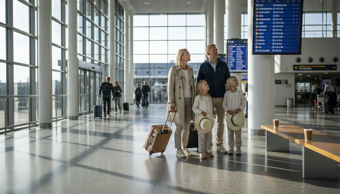 En familie venter spændt i lufthavnen på forårets første flyrejse.
