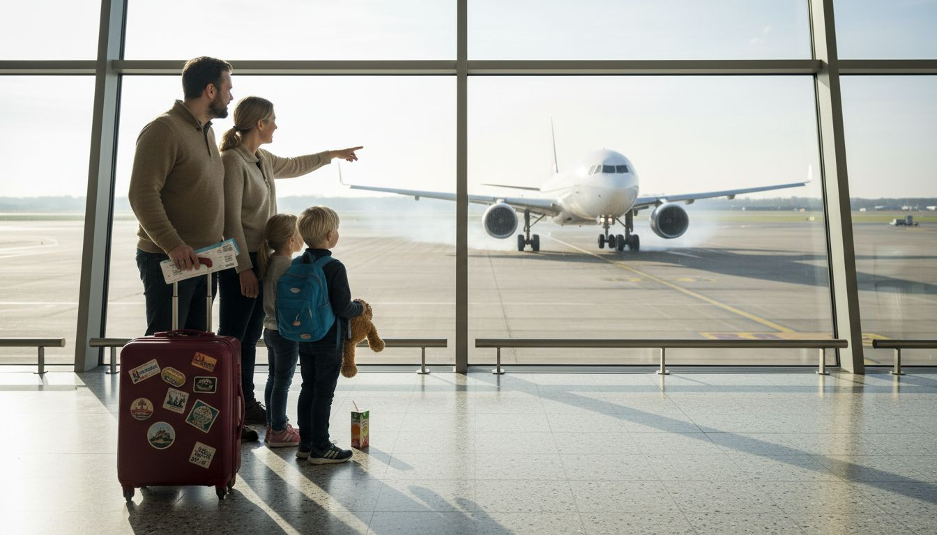 En dansk familie står og ser ud over landingsbanerne, mens foråret spirer udenfor lufthavnens vinduer.