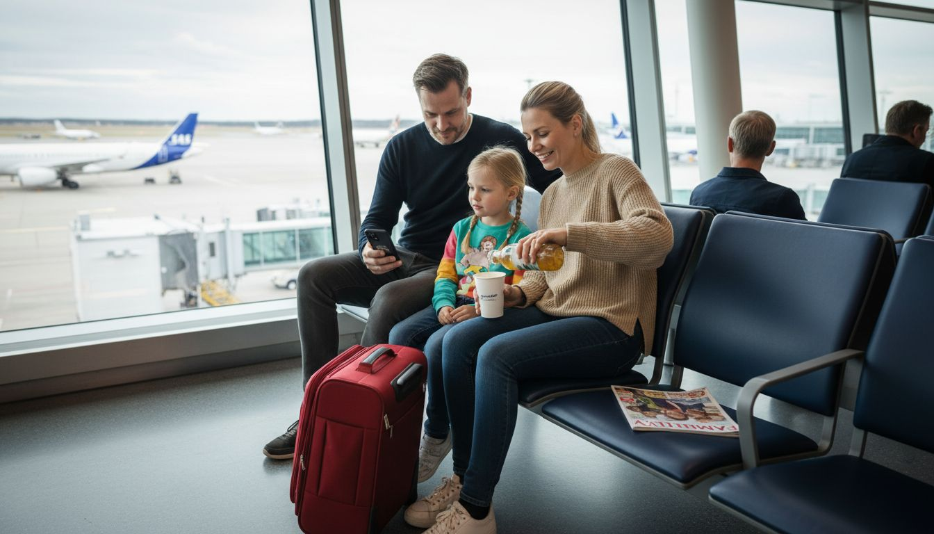 En dansk familie sidder og venter på deres fly i lufthavnens afgangshal.