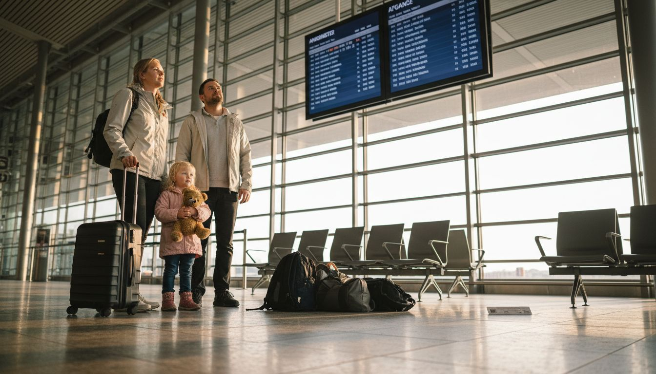 Familie sidder klar i lufthavnen og venter spændt på deres charterfly.