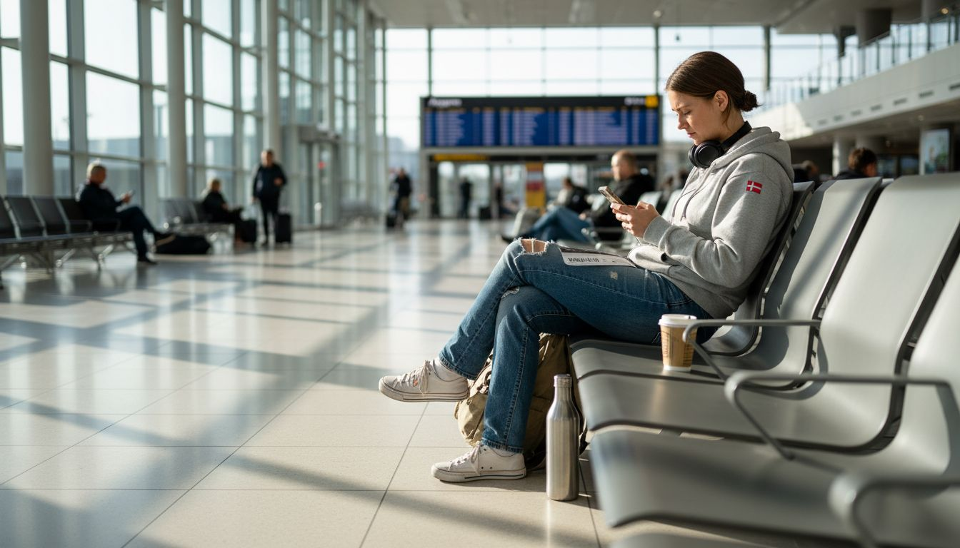 Prisbevidst rejsende tjekker billetpriser i lufthavnen