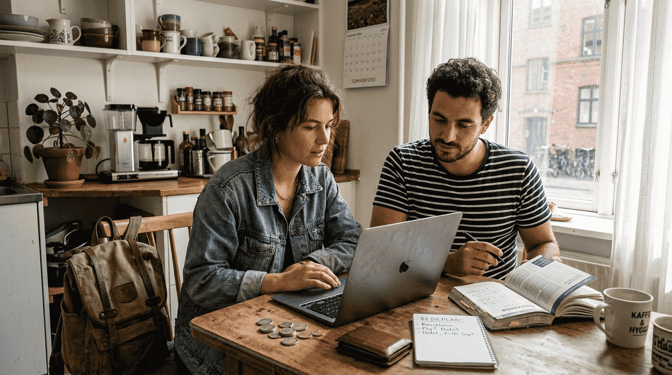 Et par sidder ved køkkenbordet og lægger planer for deres næste rejse.