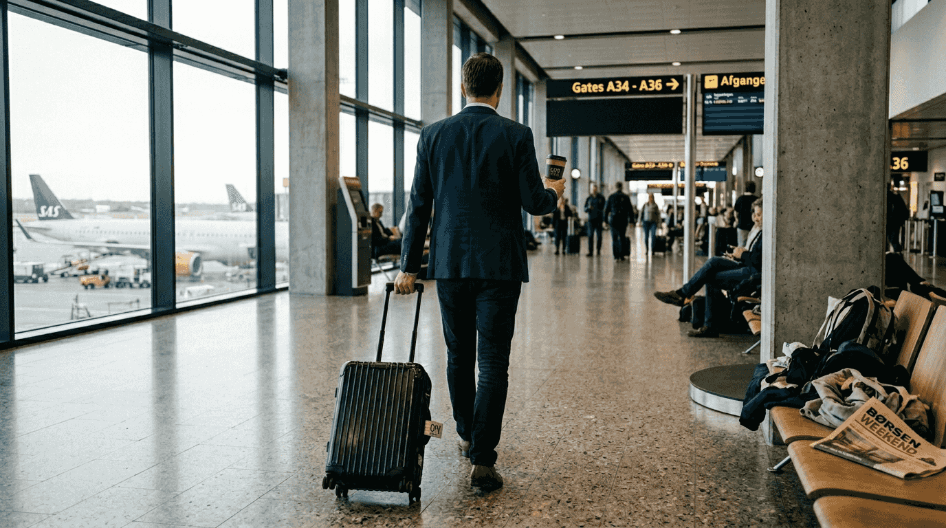 En forretningsrejsende bevæger sig gennem terminalen i en dansk lufthavn.