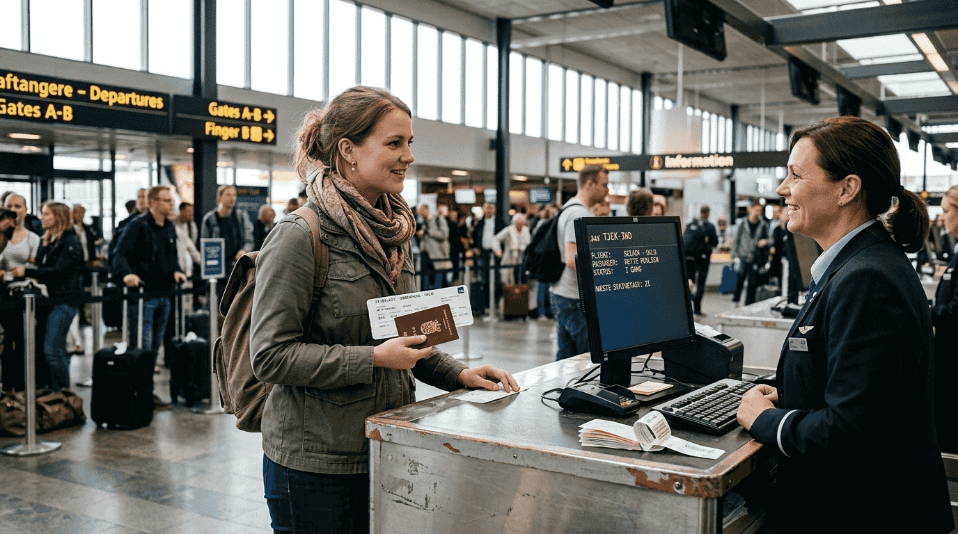 En rejsende står ved skranken i lufthavnen med sin printede billet i hånden.