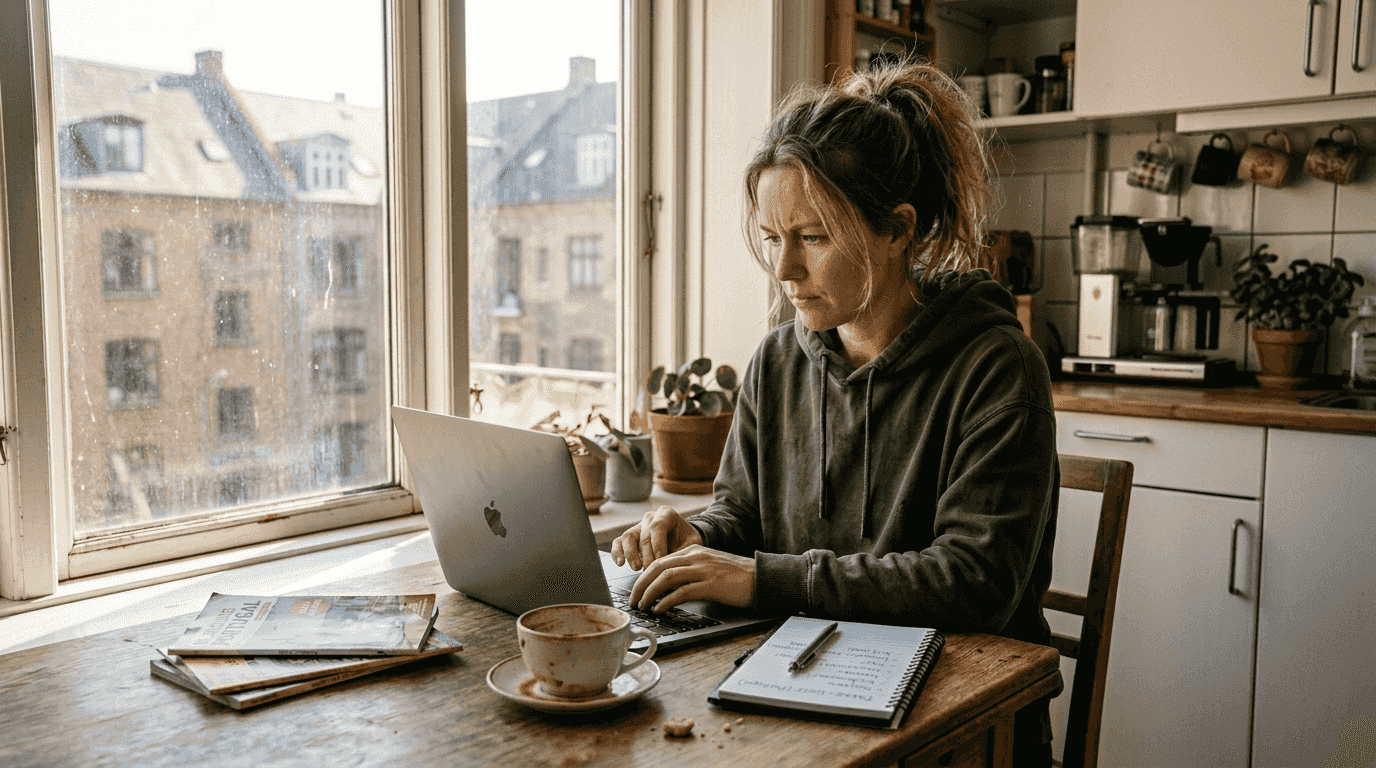 En kvinde sidder ved køkkenbordet og bestiller flybilletter