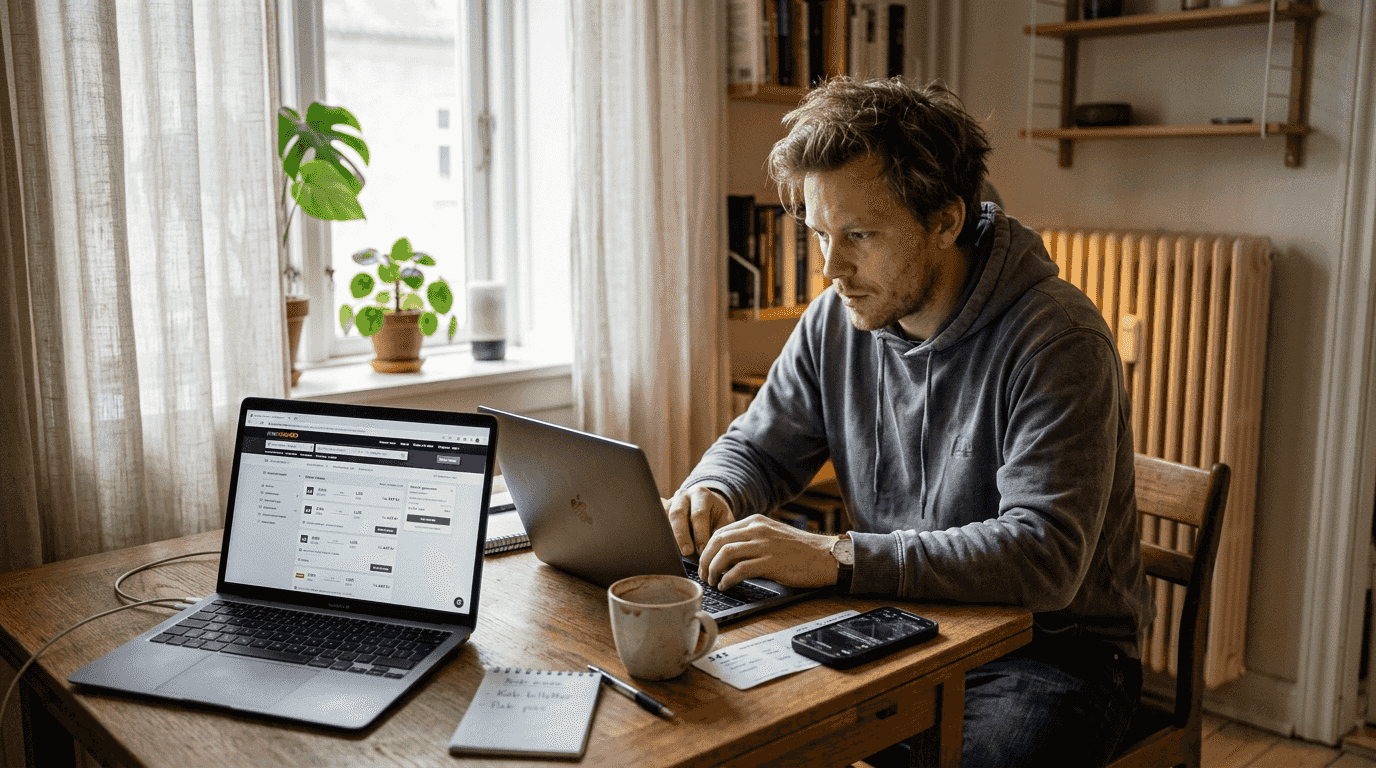 En mand sidder ved spisebordet og leder efter flybilletter på sin computer.