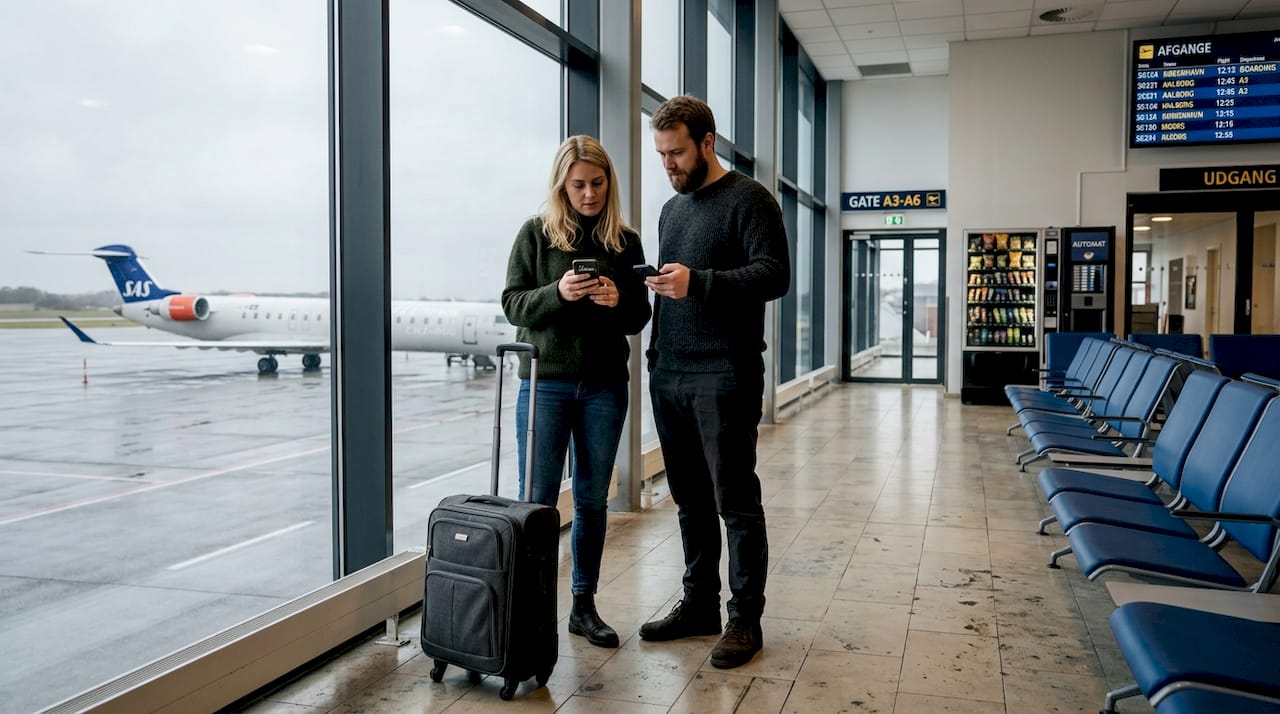 Rejsende sidder og venter i den lille lufthavnsterminal.