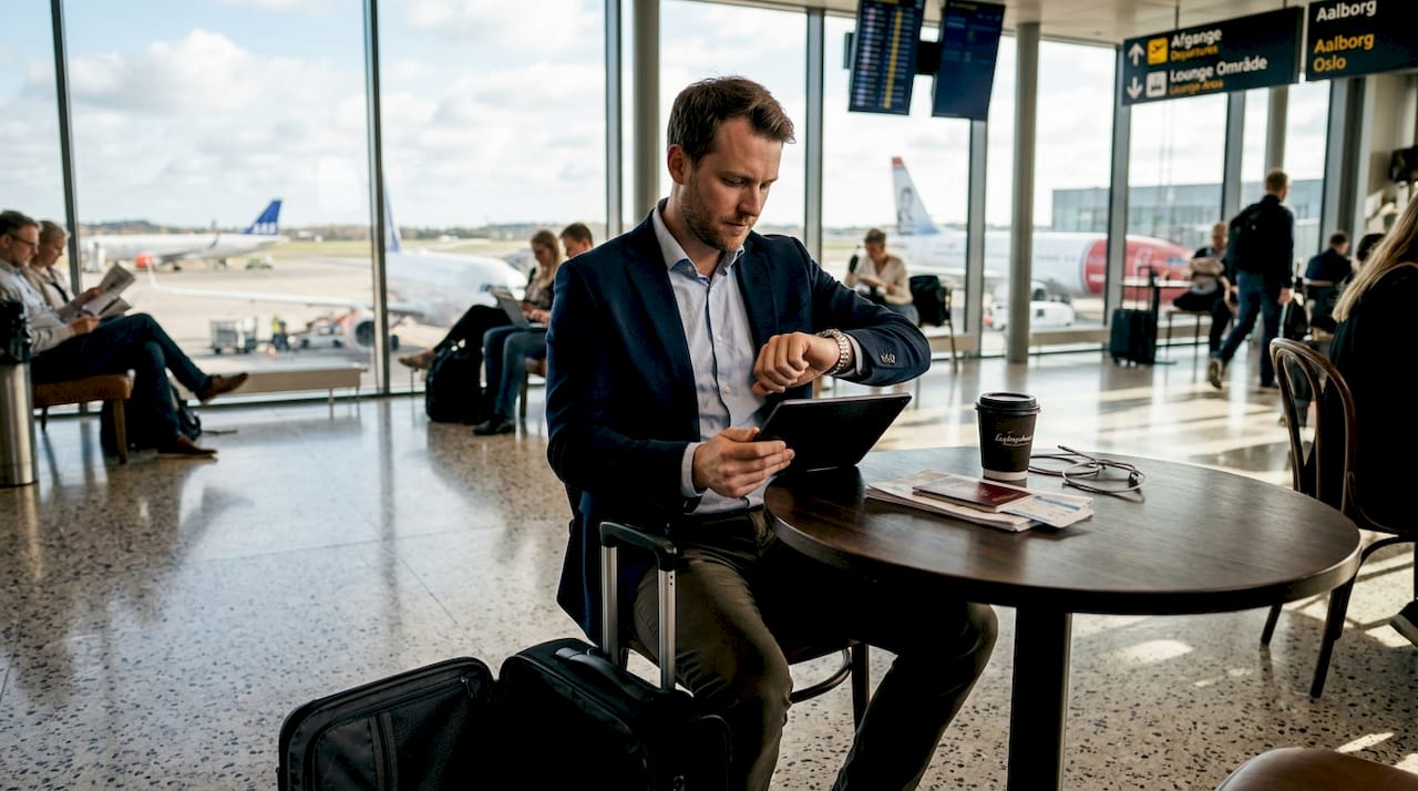 En forretningsrejsende sidder ved et bord i loungen i lufthavnen.