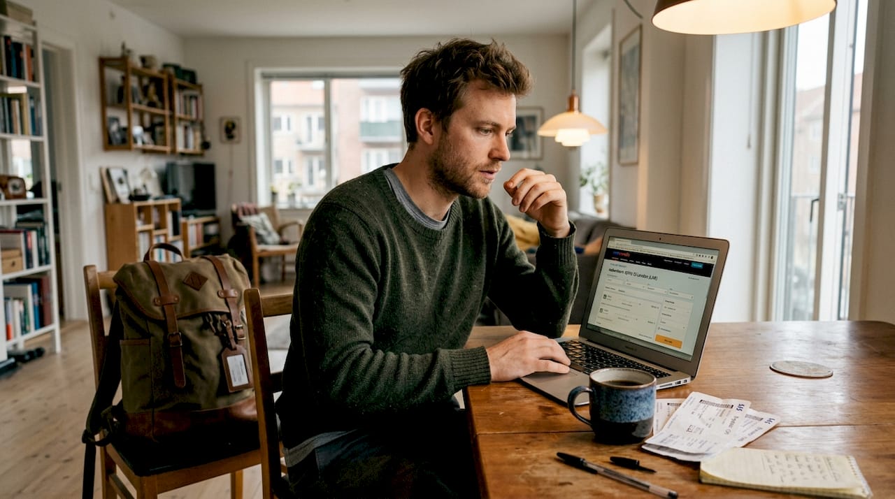 Mand sidder ved spisebordet og planlægger sin næste flyrejse