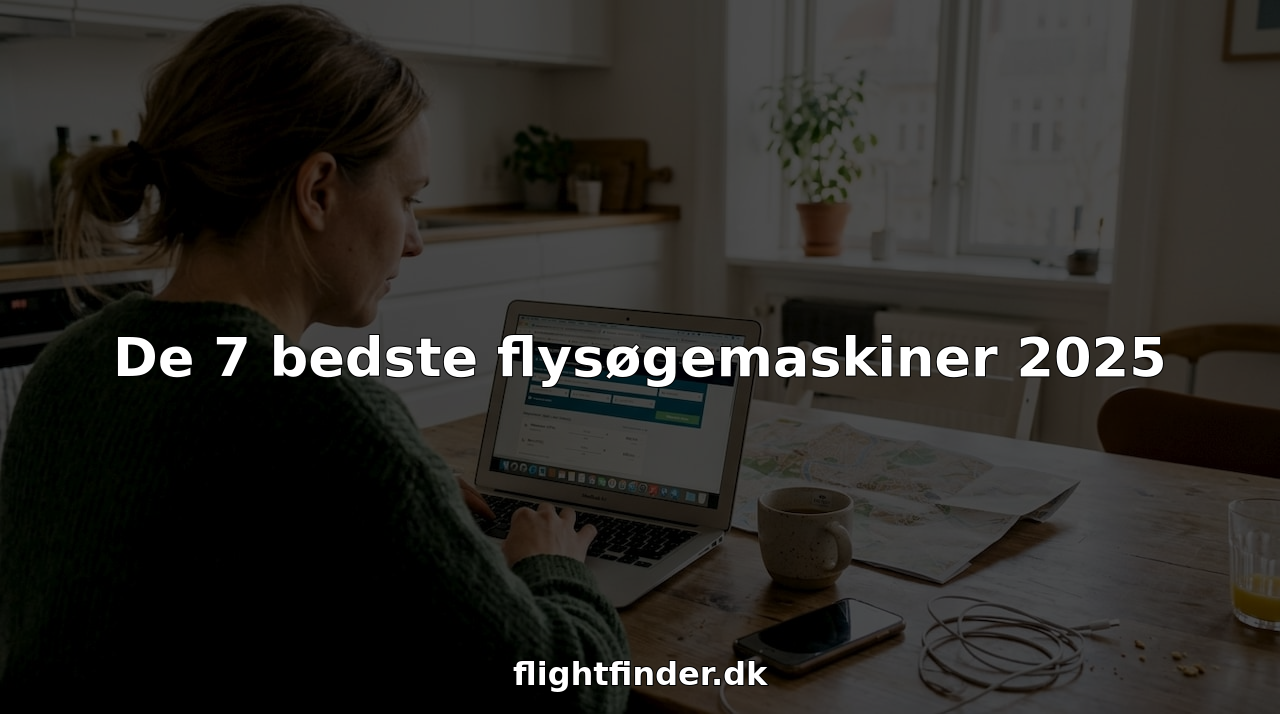 En kvinde sidder ved køkkenbordet og leder efter flybilletter på sin bærbare computer.