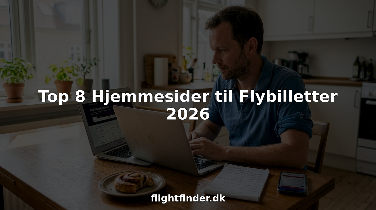 En mand sidder hjemme ved sin computer og leder efter flybilletter.