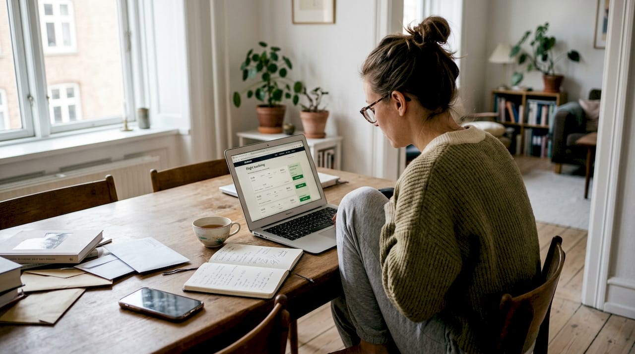 En kvinde sidder ved spisebordet og planlægger sin næste rejse på computeren.