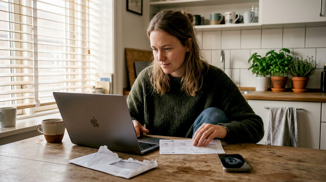 En kvinde sidder ved køkkenbordet og undersøger mulighederne for at få refunderet sin flybillet.