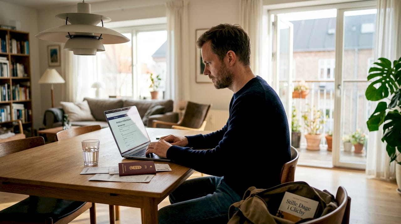 Mand søger om at få refunderet sin billet hjemme ved spisebordet