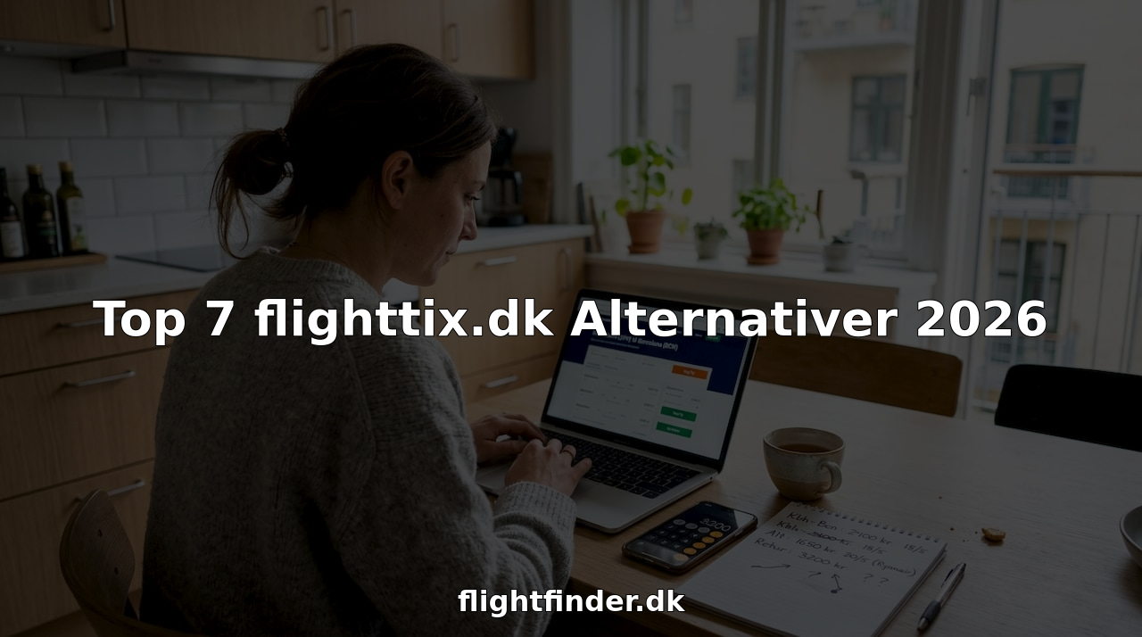 En kvinde sidder ved køkkenbordet og tjekker flybilletter på sin laptop for at finde den bedste pris.