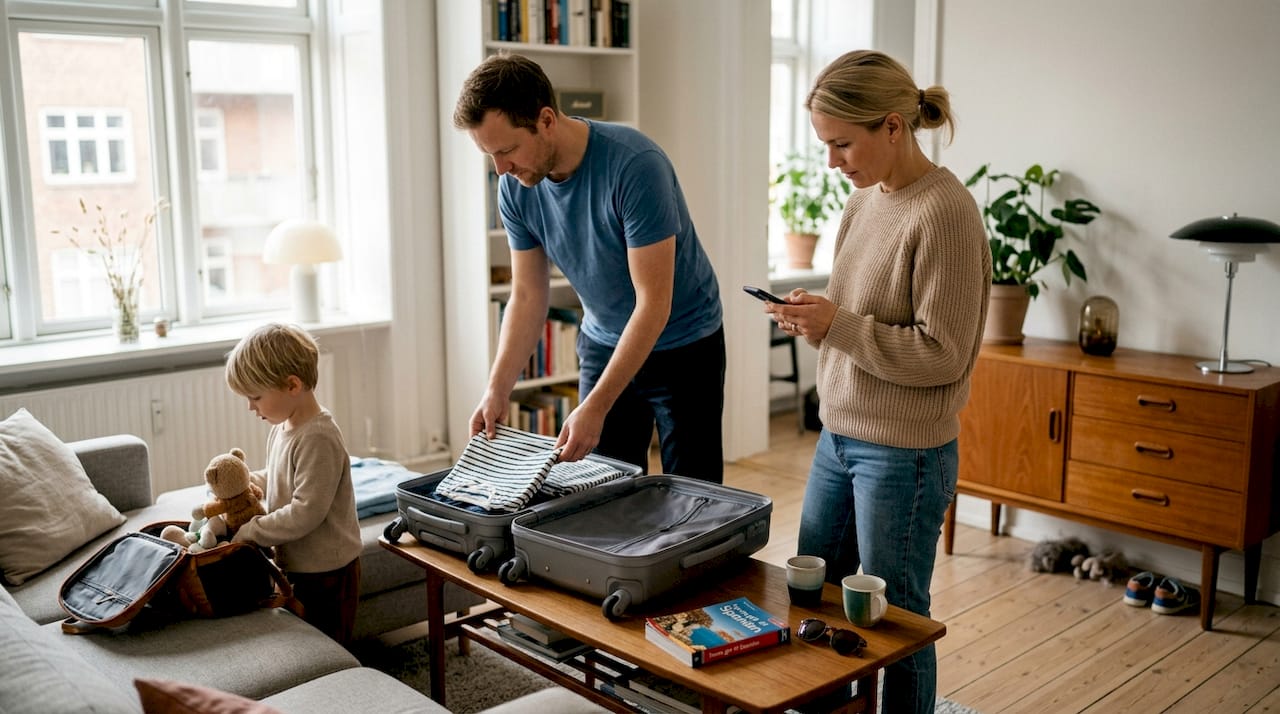 En dansk familie gør klar til ferie og pakker kufferterne midt i stuen