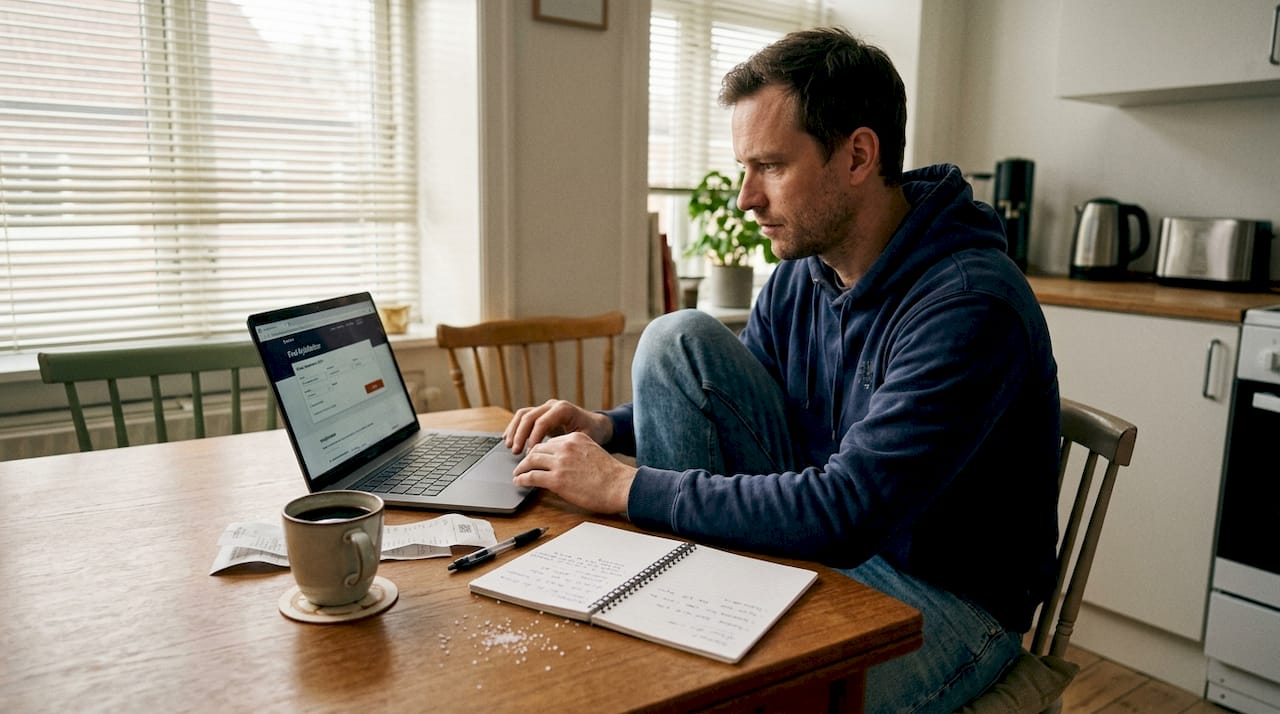 En mand sidder ved køkkenbordet og kigger på flybilletter