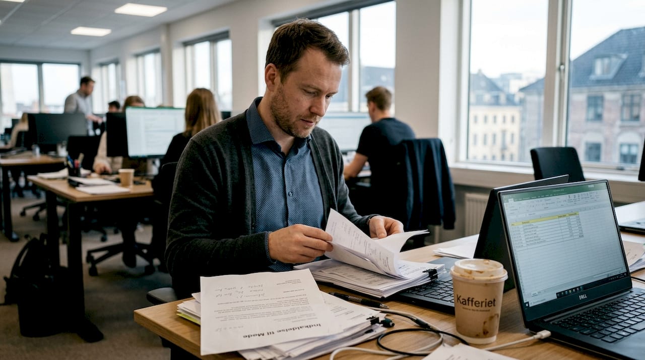 En forretningsmand gennemgår regnskaber på et travlt kontor