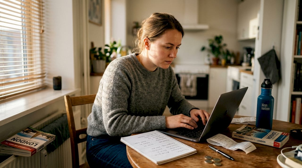 Kvinde sidder derhjemme og planlægger en ferie på budget