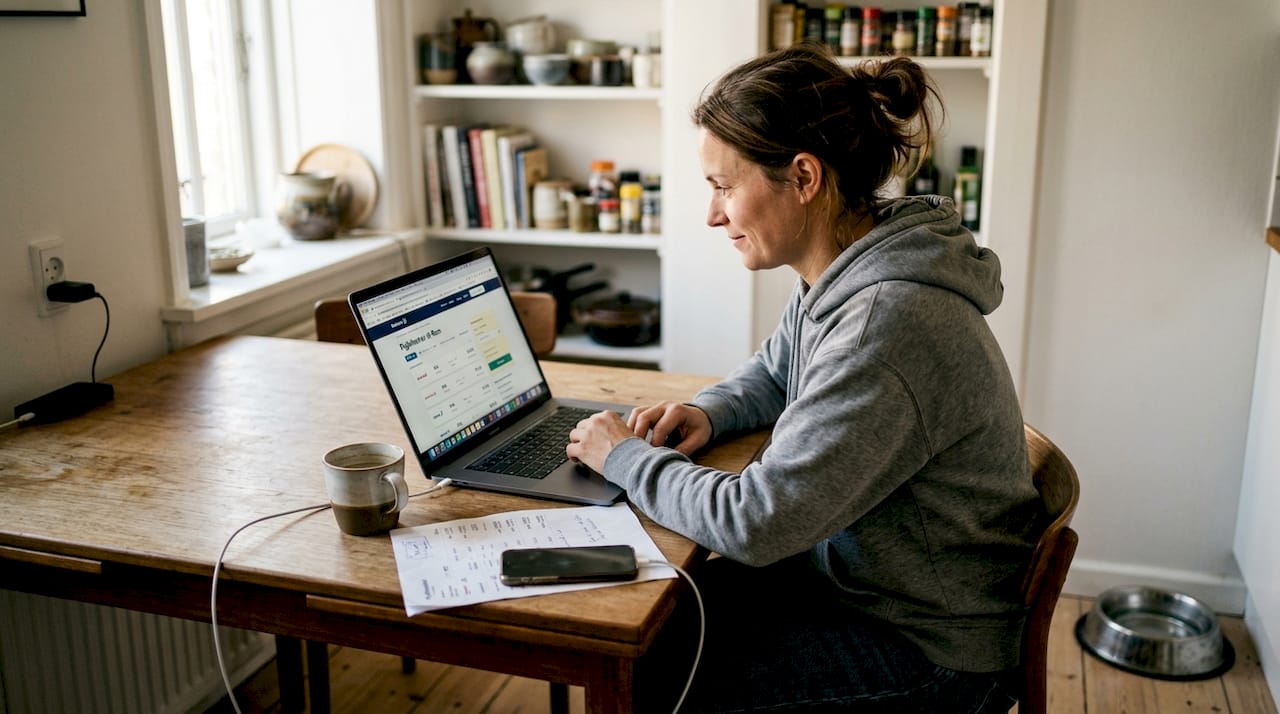 En kvinde sidder hjemme og undersøger flybilletter med fleksible afrejsedatoer.