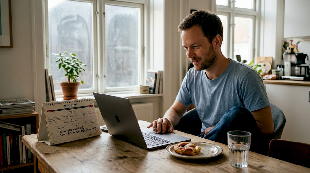 En mand sidder ved køkkenbordet og leder efter flybilletter på sin laptop.