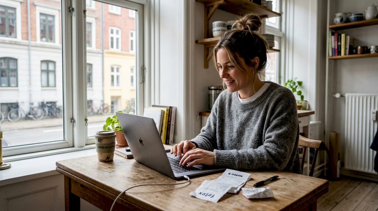 En kvinde sidder ved køkkenbordet derhjemme og bestiller flybilletter.