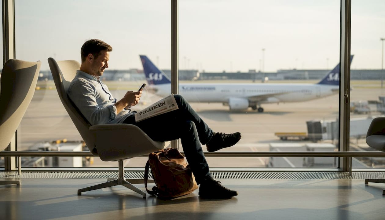 En rejsende sidder og kigger ud over landingsbanen, mens han venter på at gå ombord på sit fly.