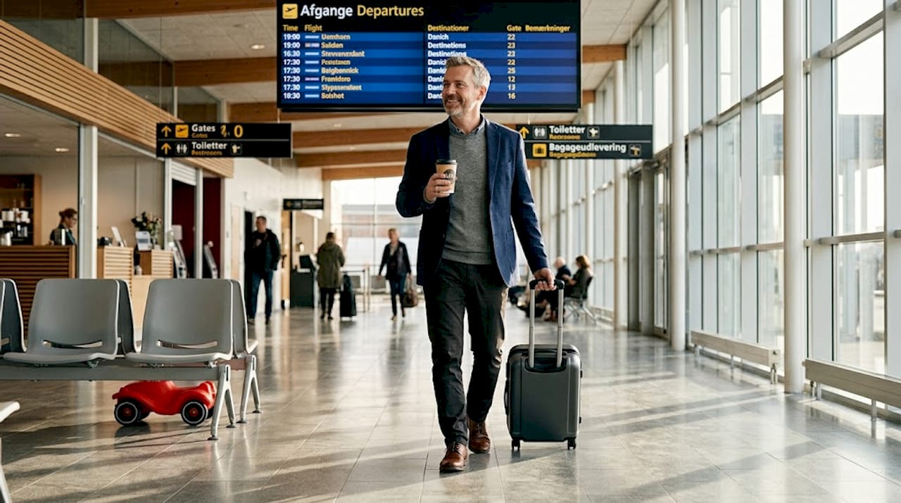 Rejsende trækker sin kuffert gennem et stille hjørne af en dansk lufthavn.